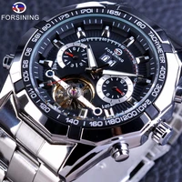 forsining automatic military wrist watch tourbillion watch calendar display silver stainless steel mens watches top brand luxury