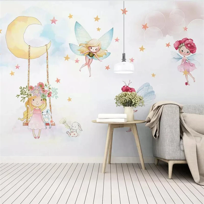 beibehang Nordic modern minimalist hand-painted cute elf girl children's room background wall custom large mural green wallpaper |