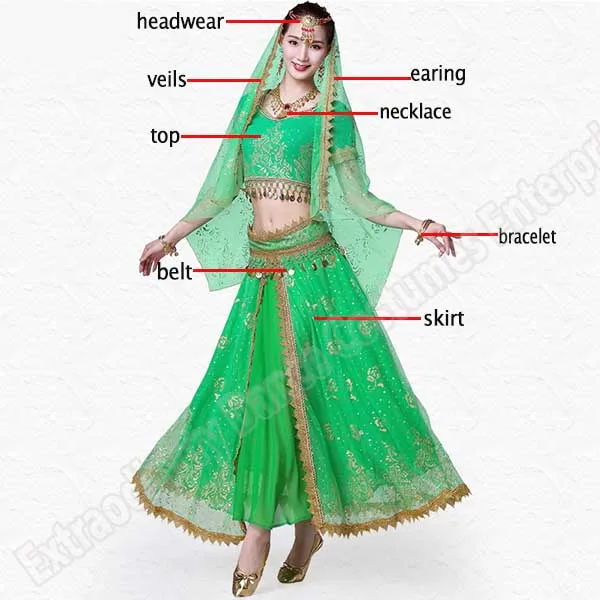Green-8pcs Женский индийский набор костюма для танца живота танец сари наряд Болливуд сценическое представление шифон Топ пояс юбка для танца живота - Цвет: Green-8pcs