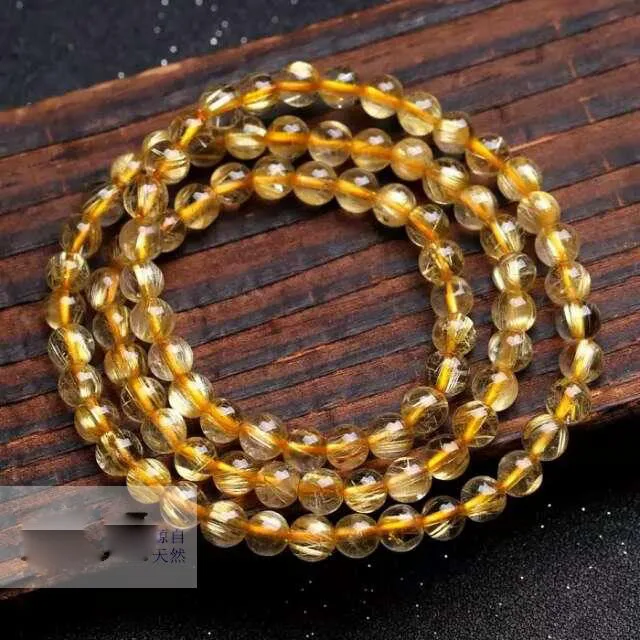 

New Three Time 7mm Genuine Brazilian Natural Gold Hair Needle Rutilated Quartz Crystal Round Bead Charm Bracelet Femme