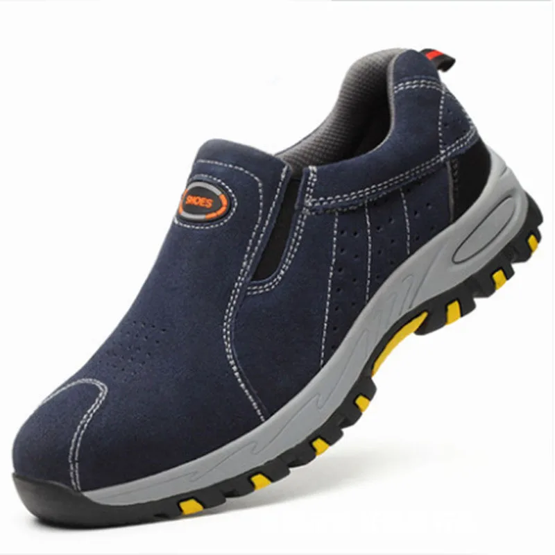 Set of feet blue Мужская Рабочая обувь; удобная дышащая Нескользящая Рабочая страховая обувь; Мужская защитная обувь со стальной пластиной, с защитой от проколов - Цвет: Set of feet blue