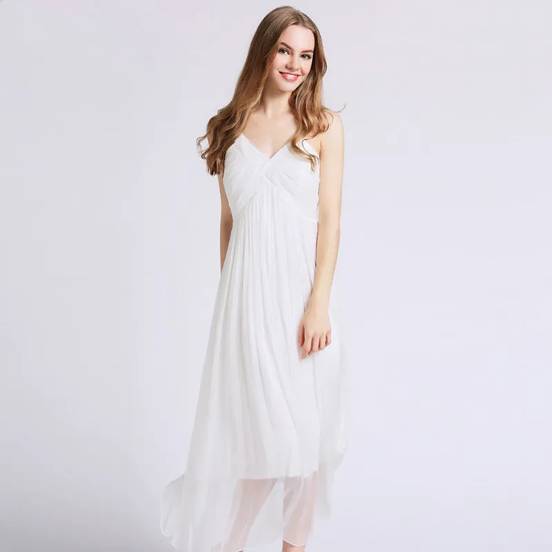Платье женское однотонное из чистого шелка праздничное пляжное макси платье без