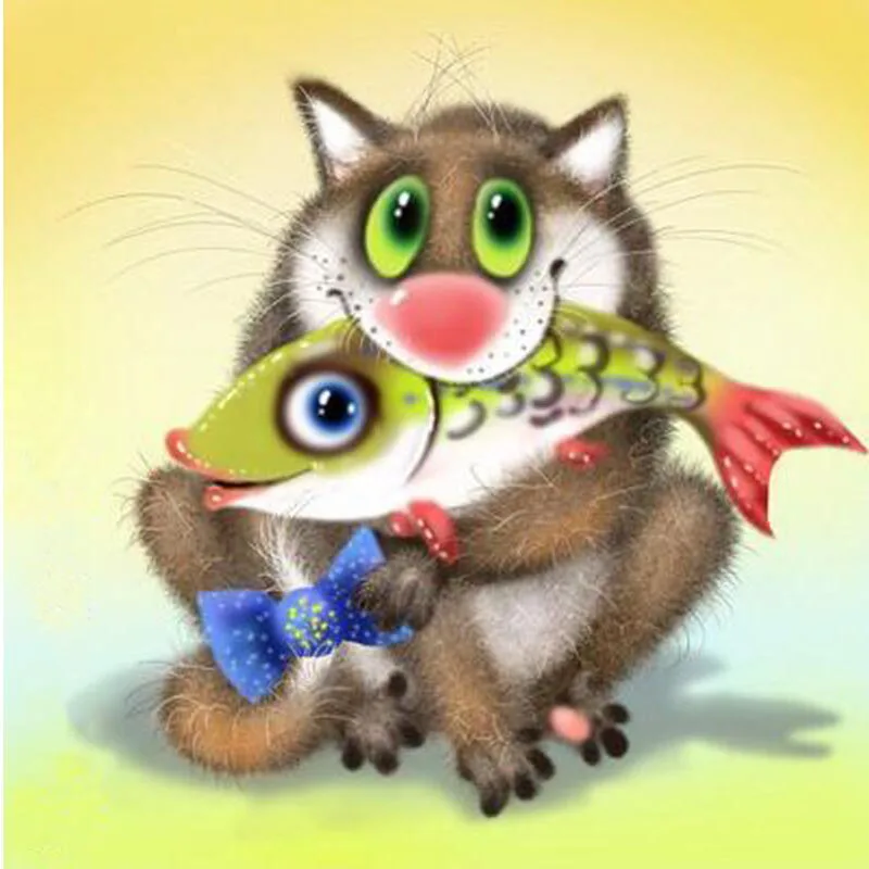 Diy полностью квадратная картина Daimond Вышивка крестом кот ест рыбу круглая