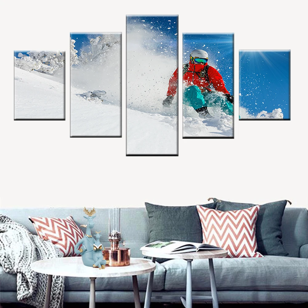 5 панель с изображением заснеженной горы лыжный холст живописи HD печать плакатов