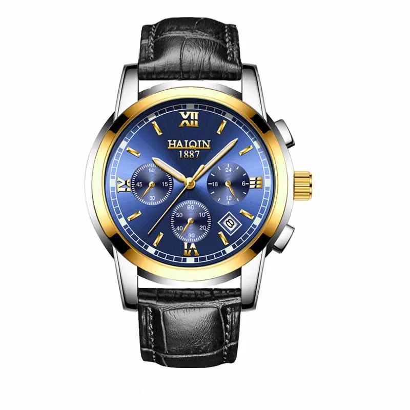 Black-blue Haiqin мужские часы, кварцевые аналоговые часы из нержавеющей стали, бизнес спортивные часы, Топ бренд, водонепроницаемые мужские наручные часы, Relogio Masculino - Цвет: Black-blue