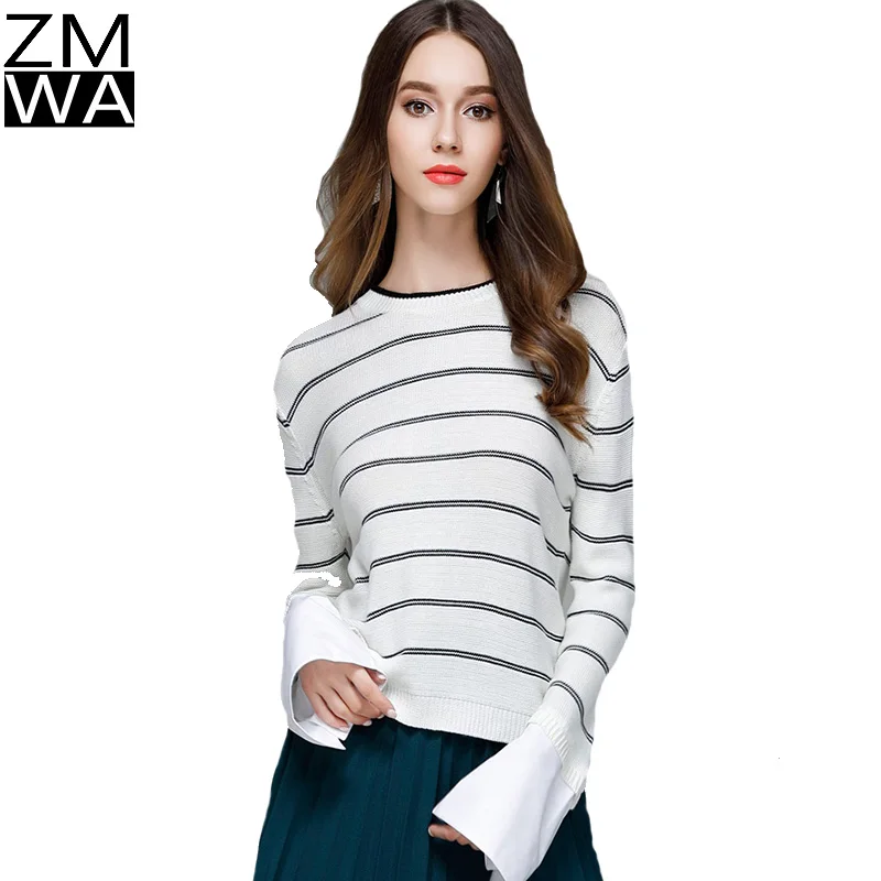Classic College style design striped black and white sweater loose casual chic long sleeve shirt cuff knit | Женская одежда