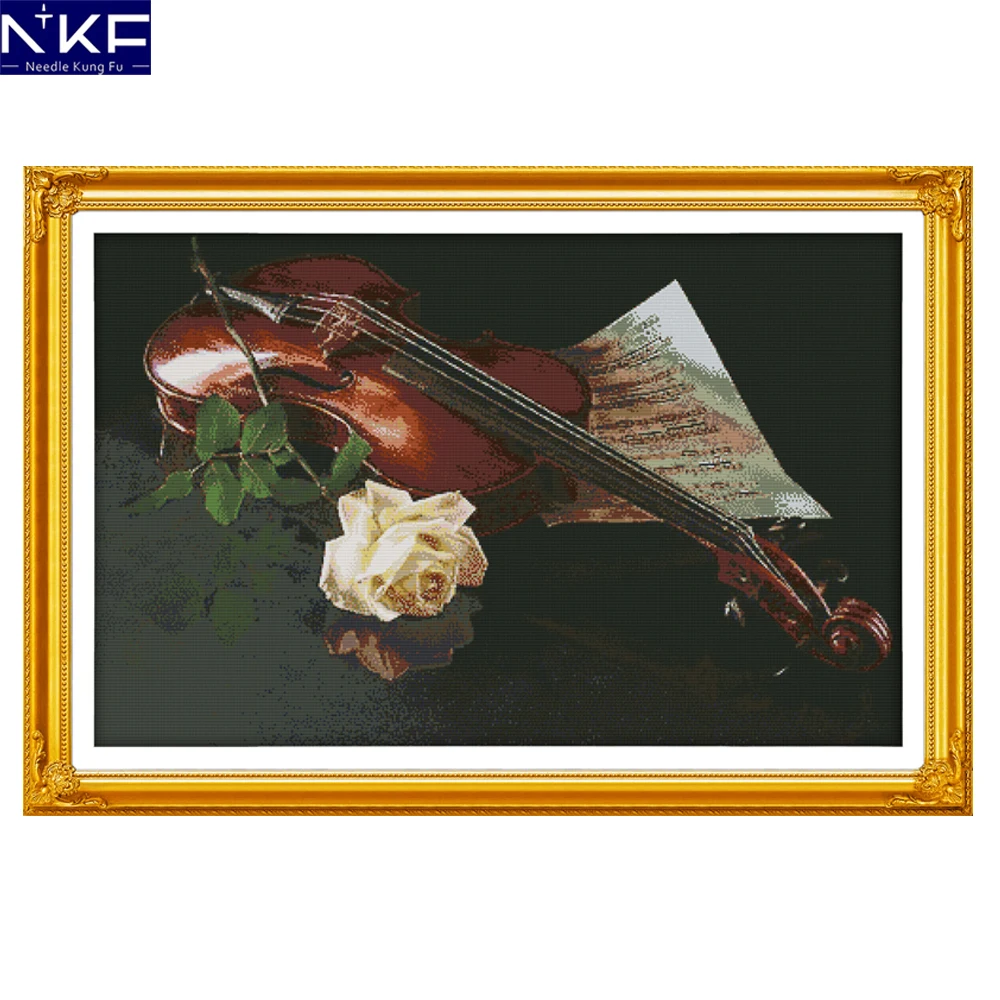 

NKF The Violin and The White Rose Pattern Needlework Counted Cross Stitch Kits Embroidery Chinese Cross Stitch for Home Decor