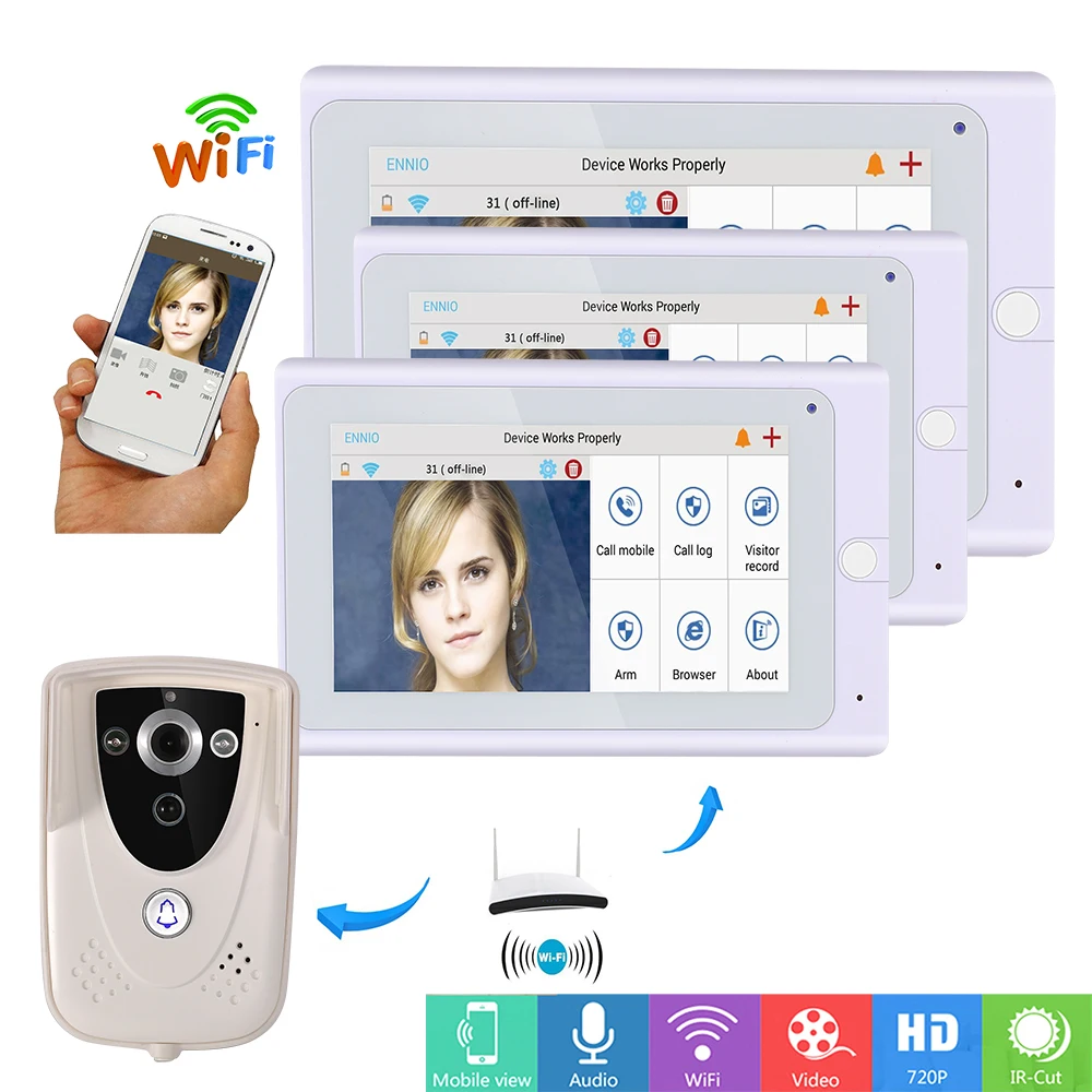 

MOUNTAINONE 3Pcs Monitor 720P 7" inch TFT WiFi Wireless IP Video DoorPhone intercom Doorbell IP Camera PIR IR Night Vision