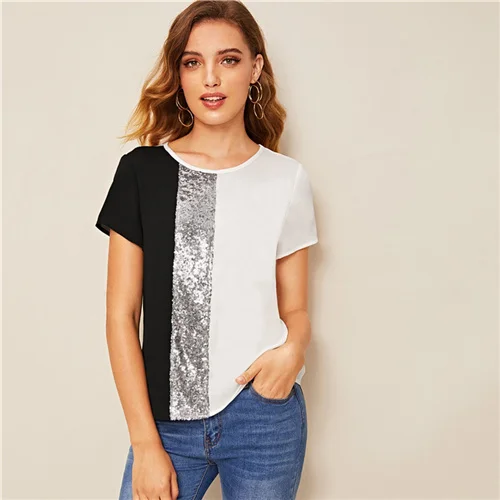 Белый SweatyRocks Топ с блестками и контрастными цветными блоками, уличная одежда с коротким рукавом, летняя повседневная женская футболка в базовом стиле - Цвет: Белый