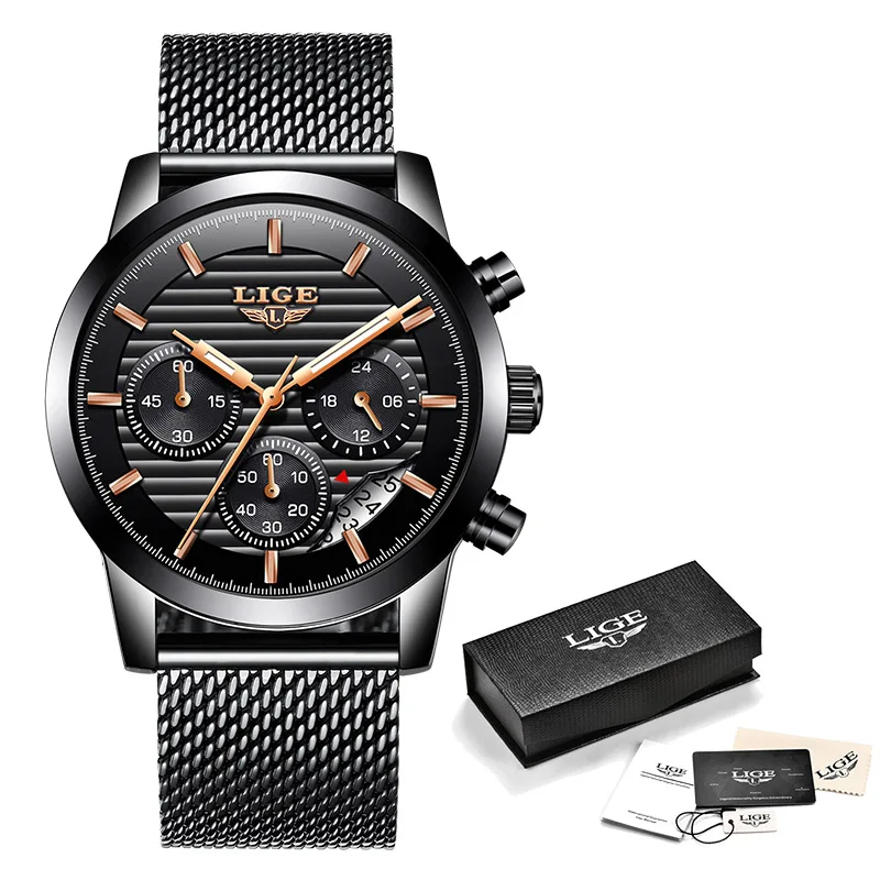 Часы LIGE мужские модные спортивные кварцевые из нержавеющей стали|Кварцевые часы|