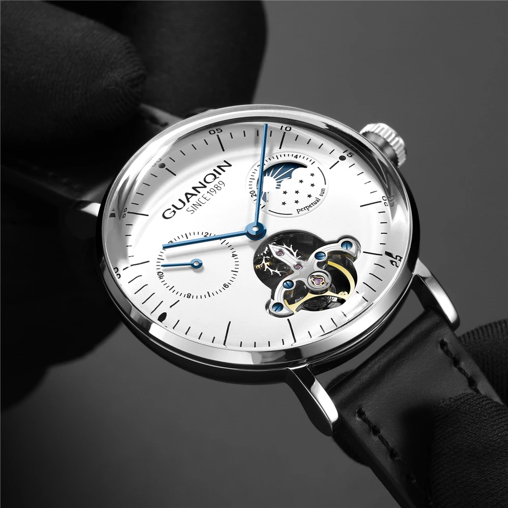 Часы GUANQIN Tourbillon Мужские автоматические механические деловые Роскошные кожаные