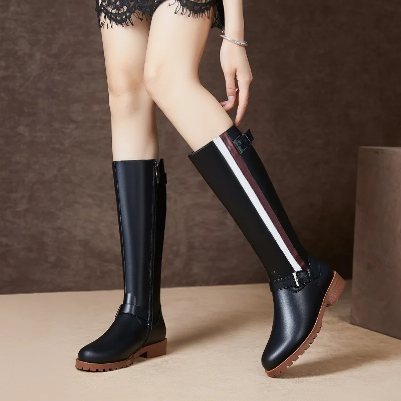 

autumn winter boots woman leather knee high boots zapatos mujer low heel platform vintage riding boots plus size chaussure femme