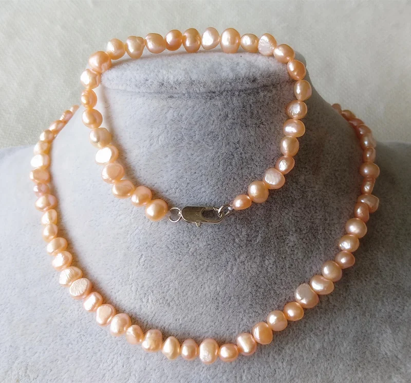 

New natural Pearl set 6-7mm White pink Baroque Freshwater Pearl Necklace & Bracelet, 18 / 7.5 inches