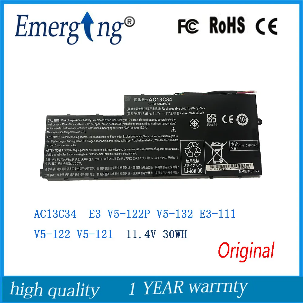 

11.4V 30WH Original New AC13C34 Laptop Battery for Acer Aspire E3 V5-122P ICP5/60/80 V5-132 E3-111 V5-122 V5-121