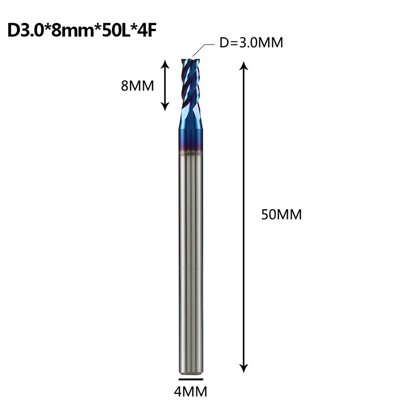 D3-8-50-H4-4F Концевая фреза из вольфрамовой стали hrc60 1 шт., концевые фрезы с плоским наконечником с 4 канавками с синим нано-покрытием для фрезерного станка cnc d1-d20 для нержавеющей стали - Длина режущей кромки: D3-8-50-H4-4F
