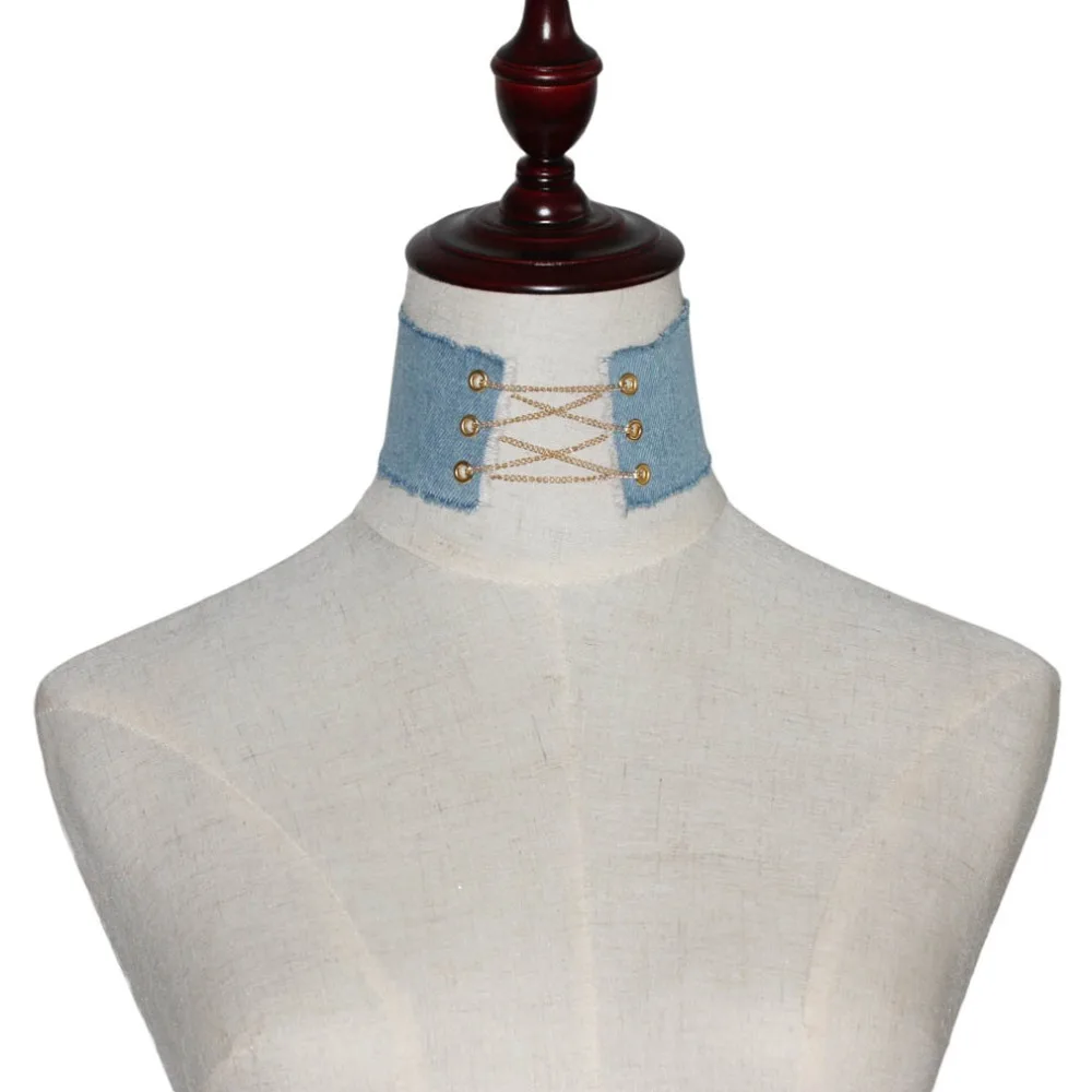 Модное простое Синее джинсовое ожерелье-чокер для женщин золотые джинсовые