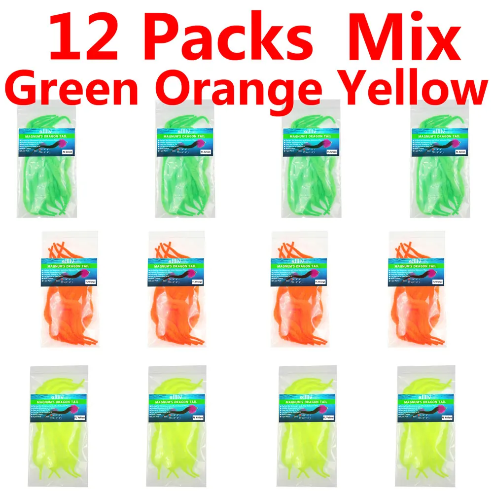 mix green orange yel 12 упаковок x5шт/Сумка L Magnum Dragon Tail Щука соленая вода мухобойка материал стример стальная головка мухобойка хвосты - Цвет: mix green orange yel