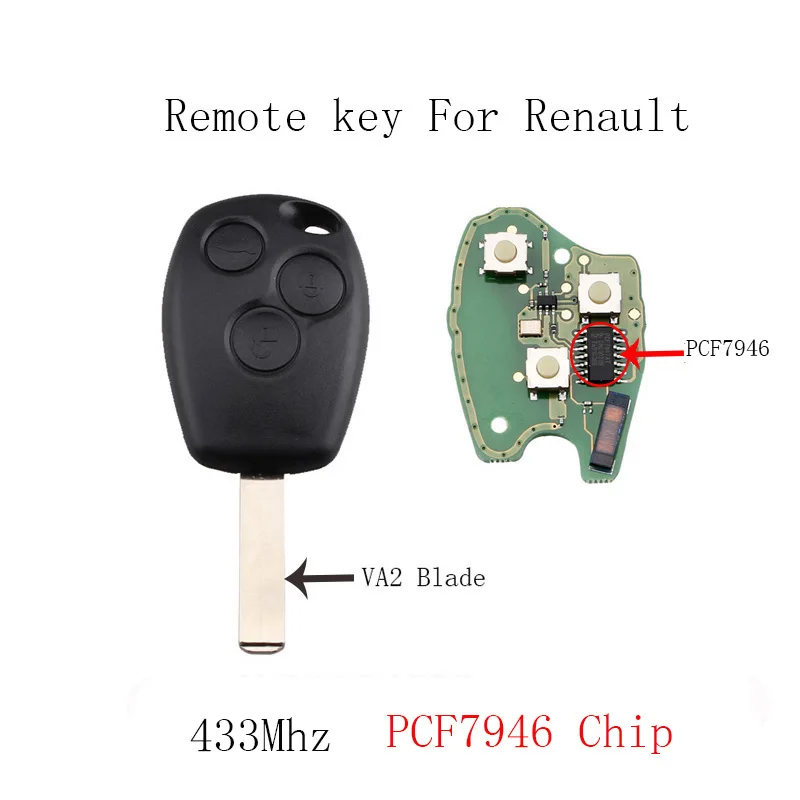 3 кнопки VA2 Балде дистанционного ключа для Renault Clio Scenic Kangoo Megane 433 МГц PCF7946/PCF7947 чип