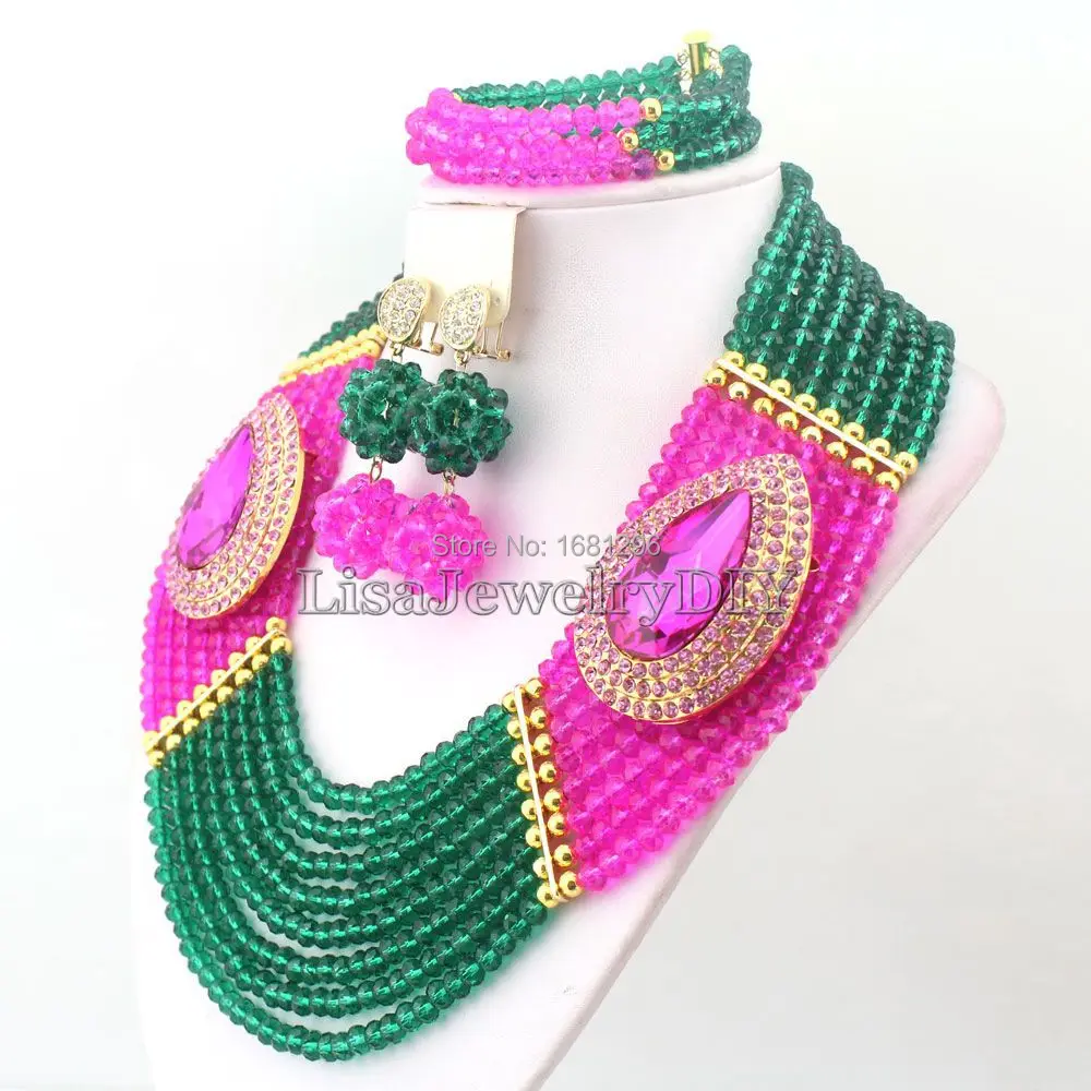 

peacock Green/Hot Pink African Party Crystal Beads Jewelry Sets African Bridal Wedding Beads Jewelry Sets Free Shipping HD0427