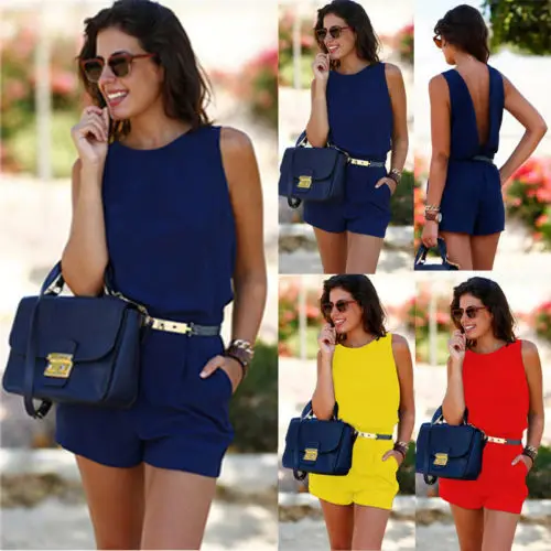 

Stylish Hot Simple Women Casual Sleeveless High-waist Backless Playsuits Pockets Sashes Lady Summer Casual Short Bodysuits S-XL