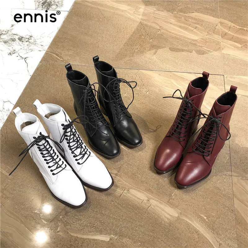 ENNIS/ г. Осенние ботинки до середины икры женские ботинки на шнуровке обувь на высоком каблуке женские ботинки из натуральной кожи модная обувь белого и черного цвета, A930