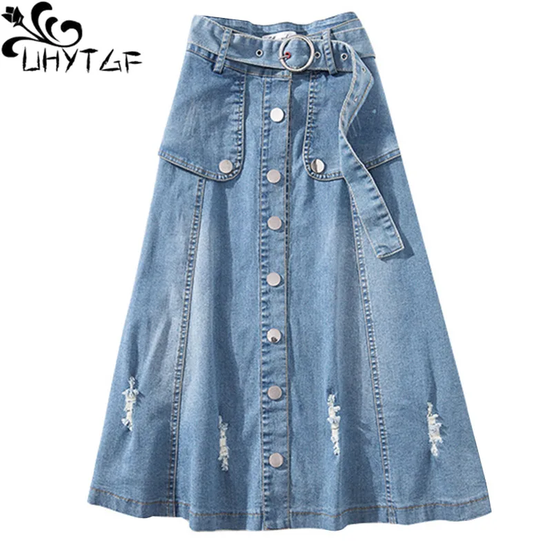 UHYTGF Women skirts Fashion button summer Denim skirt women Belt high waist elegant lady jeans skirt casual plus size skirts 639