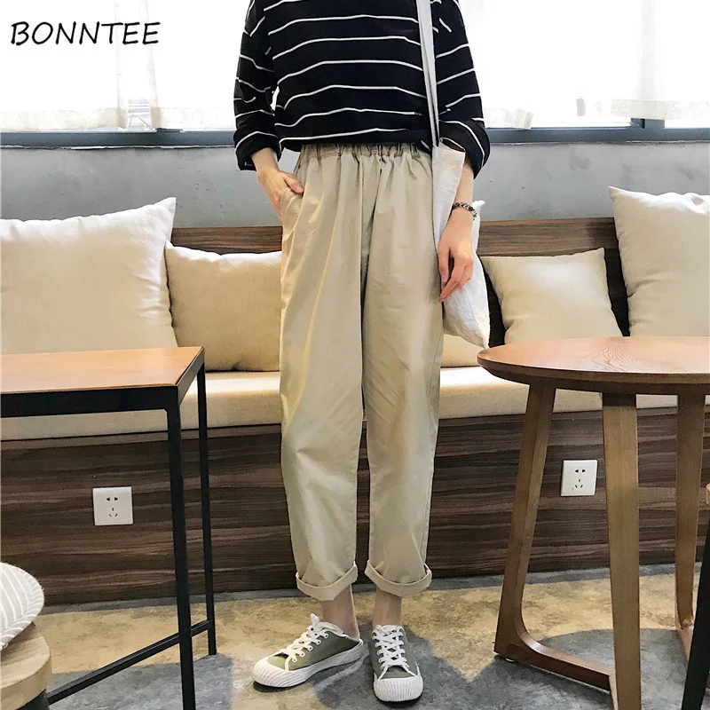 

Pants Women Loose Simple Solid Korean Autumn Ankle-Length Trousers Elastic Waist Chic Pockets Student Daily All-match Womens