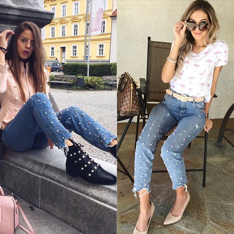 Женские рваные джинсы с бахромой и жемчужинами нестандартные брюки высокой