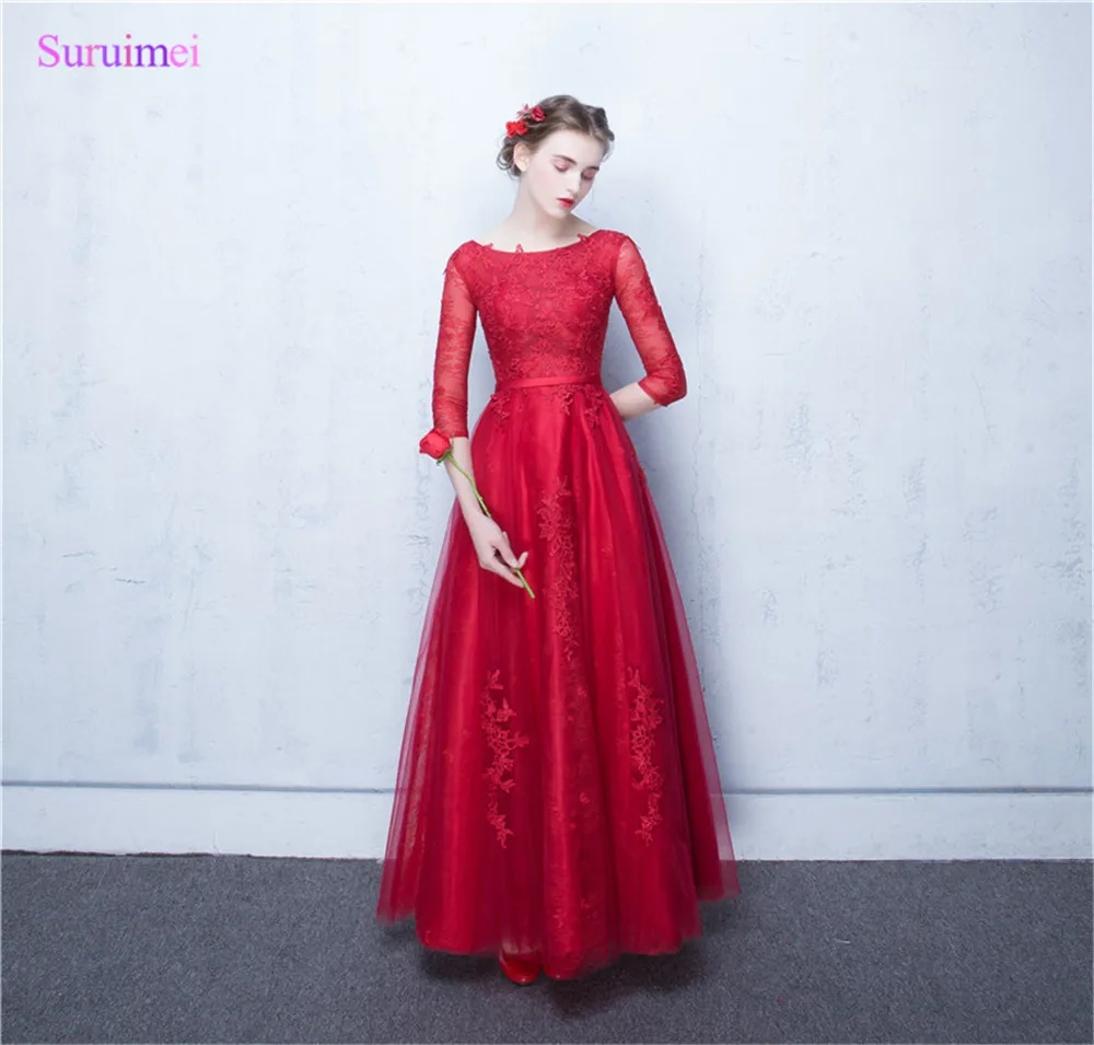 

Half Sleeves Evening Dresses High Quality Tulle With Lace Applique Sash Lace Up Back Sheer Illusion Red Long Evening Gown