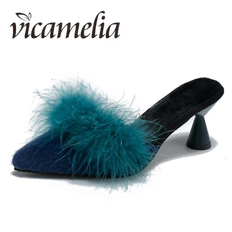 Vicamelia/женские шлепанцы на среднем каблуке женские с острым носком из флока