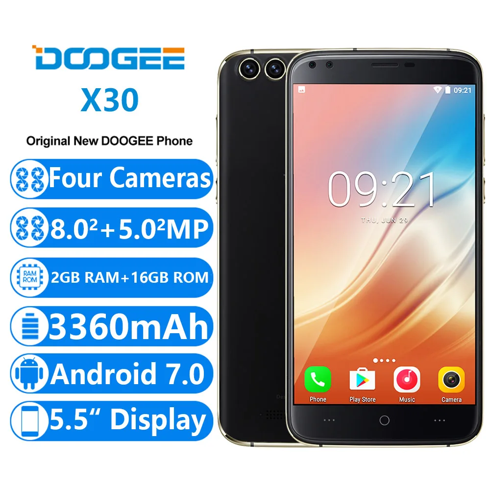 DOOGEE X30 Quad Камера 2x8 0 Мп + 2x5 Android 7 мобильный телефон 3360 мАч 5 ''HD MTK6580A 4 ядра 2 Гб
