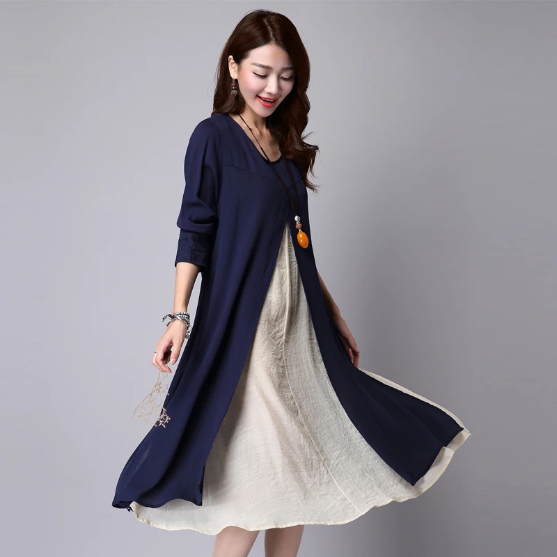 Winter Autumn Dress Long Sleeve Size M~2XL Linen Cotton Vintage Two Piece Solid Color O Neck Maxi Casual | Женская одежда