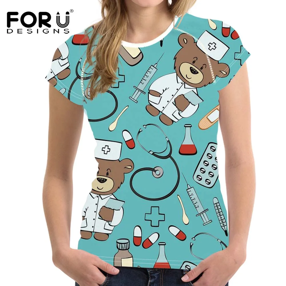 FORUDESIGNS/футболка для женщин мультфильм медсестра Медведь футболка с принтом