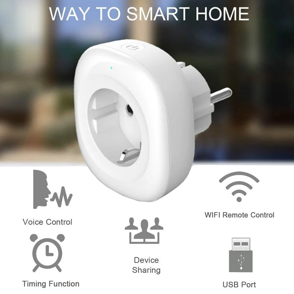 Умная штепсельная вилка EU USB Wifi розетка с дистанционным голосовым управлением