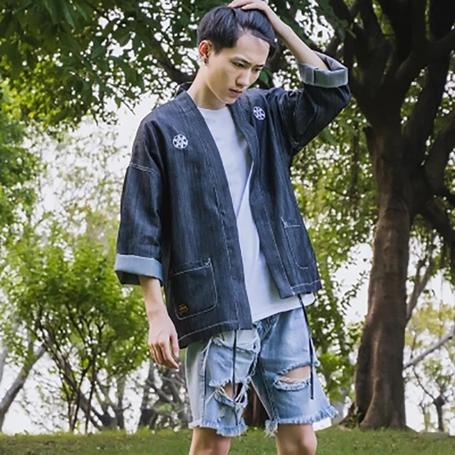 Мужская джинсовая куртка Anorak свободная Японская уличная одежда кимоно в