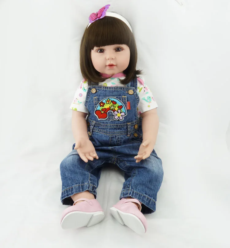 

Real Girl toddler dolls 22" doll reborn cloth body silicone vinly baby dolls Jeans clothing girl dolls children gift bonecas