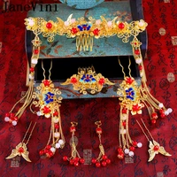 janevini luxury beaded bride hair pins combs and earrings set chinese style gold bridal wedding metal headband womens jewellery