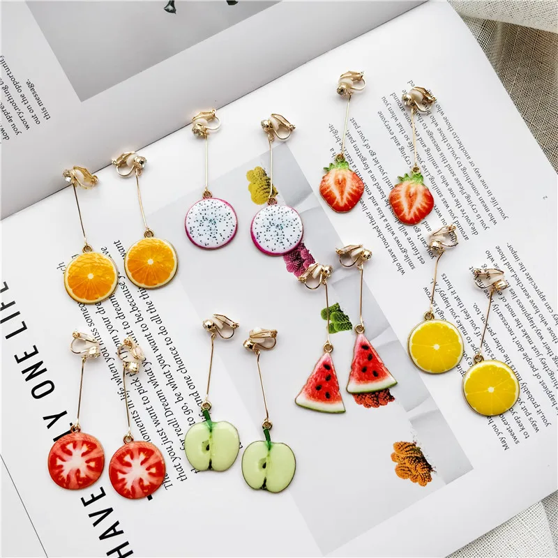 Watermelon Strawberry Fruit Long Pendant Clip Earrings for Women Holiday Girl No Ear Hole Party Jewelry No Piercing