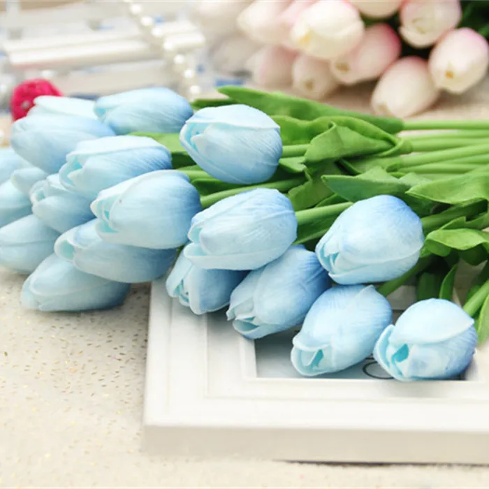 Tulip D6 Light Blue Высокое качество 1 шт. Белый Синий Искусственный тюльпан мини ПУ цветы Настоящее прикосновение свадебный цветок искусственный шелк украшения для дома отель Вечерние - Цвет: Tulip D6 Light Blue