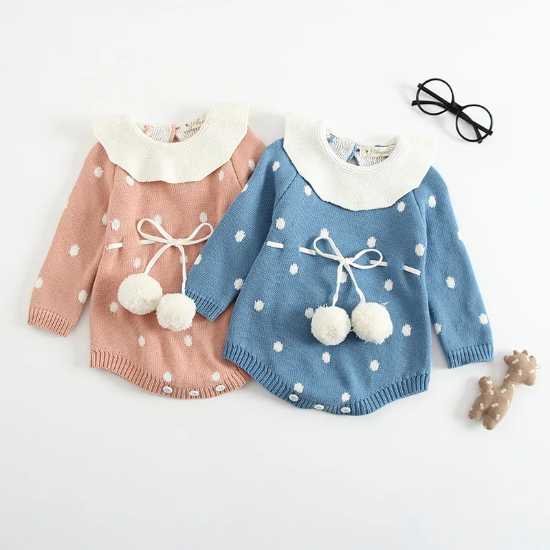 

Autumn Winter Newborn Infant Girl Bodysuit Cotton Long Sleeve Sweater Knitte Cute Ruffles Pom Pom Bodysuit Baby Clothes Outfits