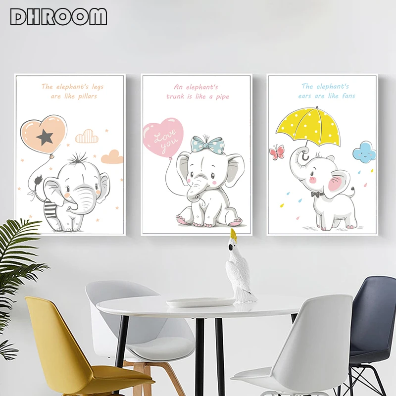 Kawaii животные мультфильм Детская стена искусство Cute картина слона на холсте