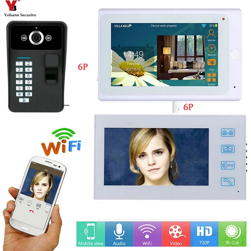 Yobang Security 7 Inch Fingerprint RFID Password IR-CUT HD Camera Wired /Wireless Wifi Colour Video Doorbell Intercom System |