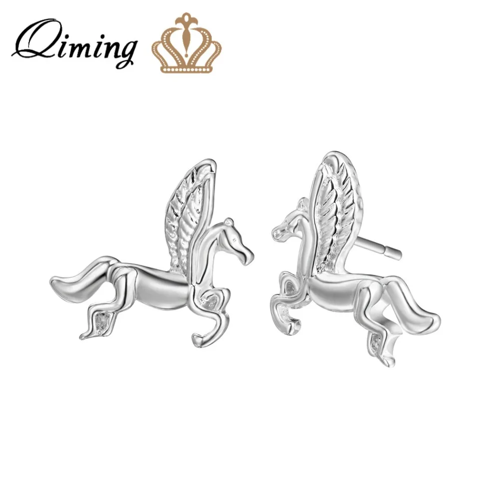 QIMING серебряные детские серьги для женщин Женская кошачья лапа Лебедь Колибри животное кулон серьги в богемном стиле дешевые ювелирные изделия гвоздики