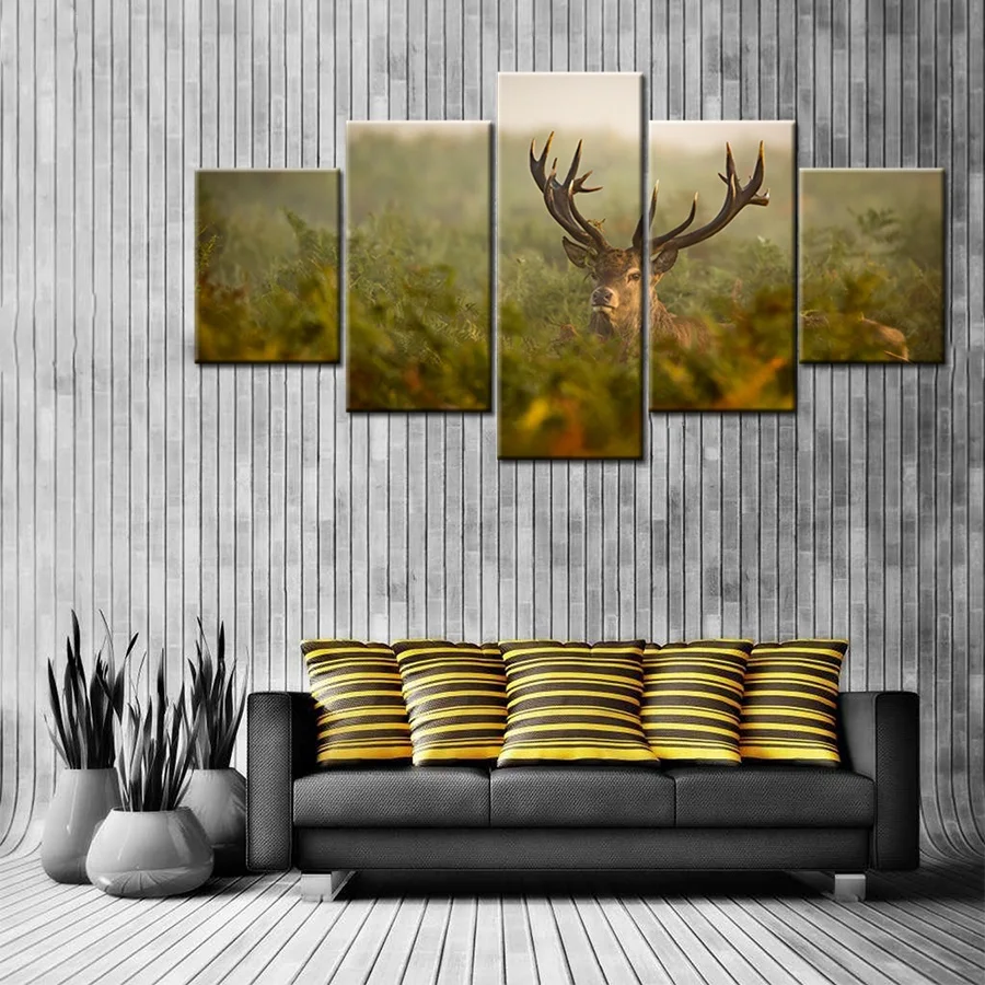 5 панелей Настенная картина с оленем принты на холсте бак Бакхорн трава туманное