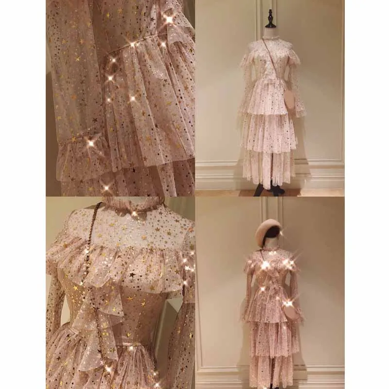 Fashion Women Solid Color Mesh Cake Dress Elegant Flare Sleeve Sweet Star Sequins Ruffles Midi | Женская одежда