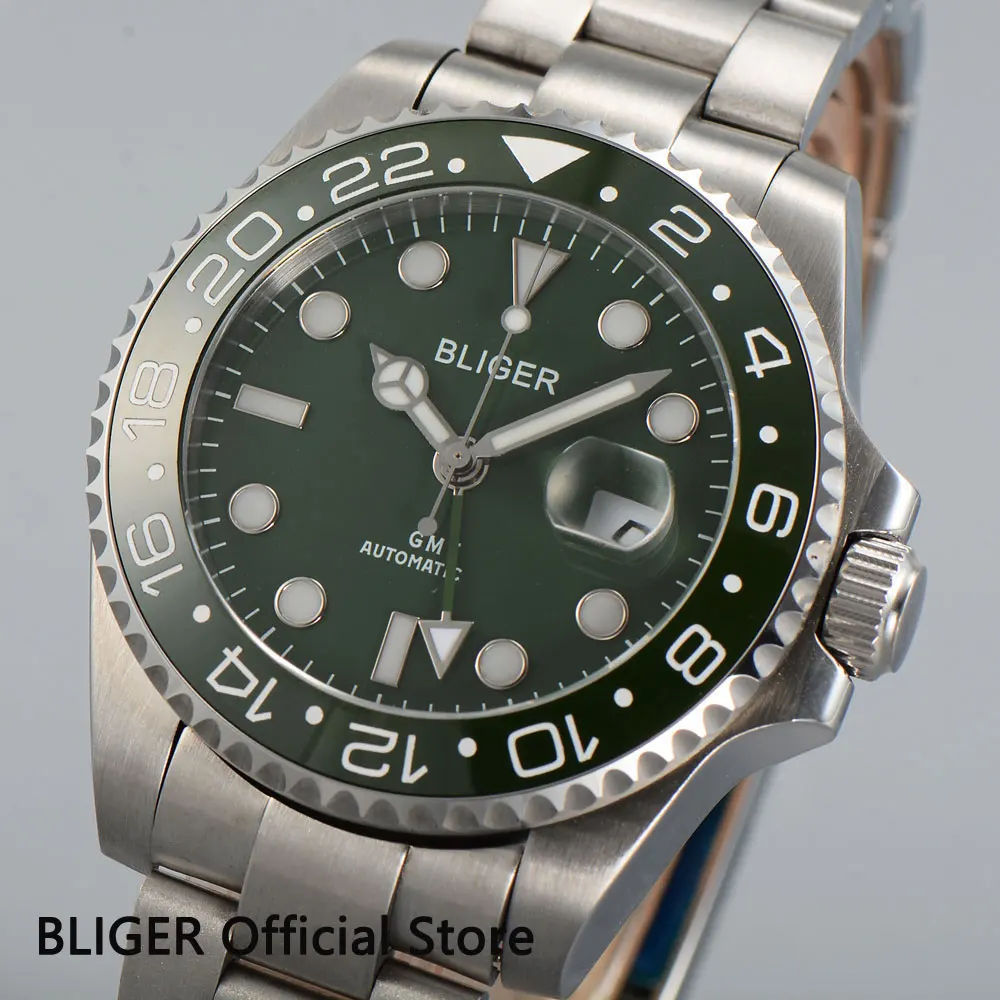 

Wild BLIGER 43mm Green Sapphire Glass Auto Date Luminous GMT Pointer Automatic Movement Men's Watch SS Strap