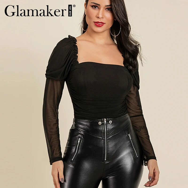 Женское прозрачное Сетчатое боди Glamaker черное облегающее с длинным рукавом