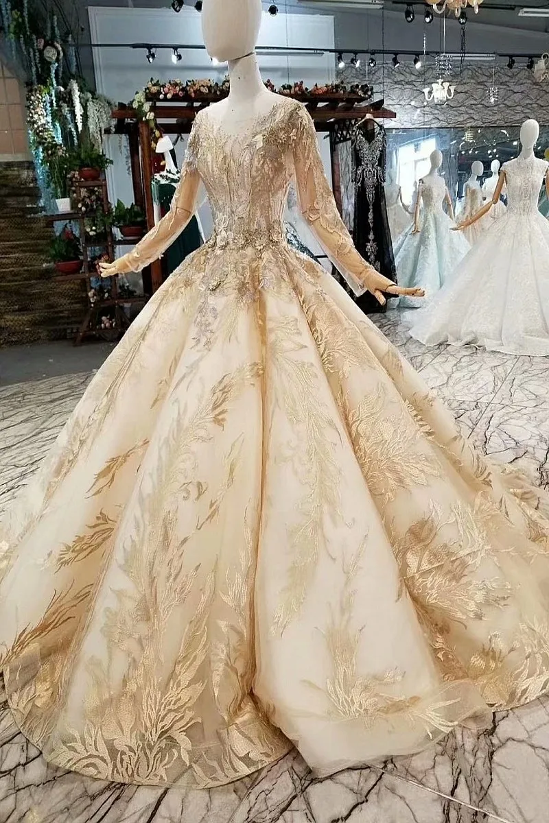 LS486321 шампинь бальное платье вечернее с длинными рукавами из тюля и круглым