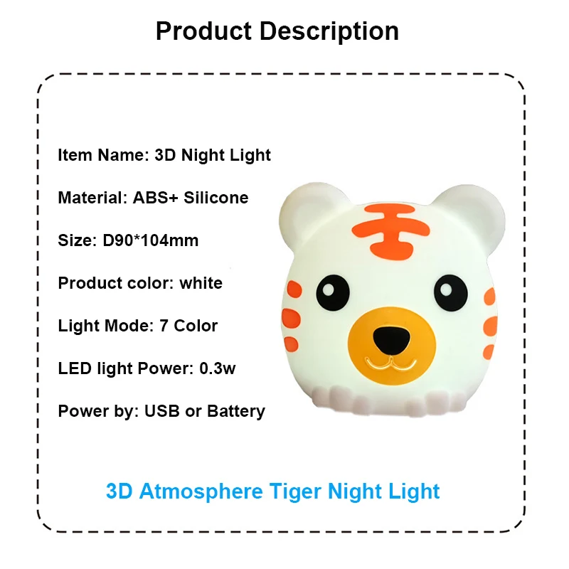 

3D Cute Tiger LED Night Lights Touch Sensor Children Gift Table Desk Lamp Soft Silicone Tap Cartoon Animals Nightlight Lighting