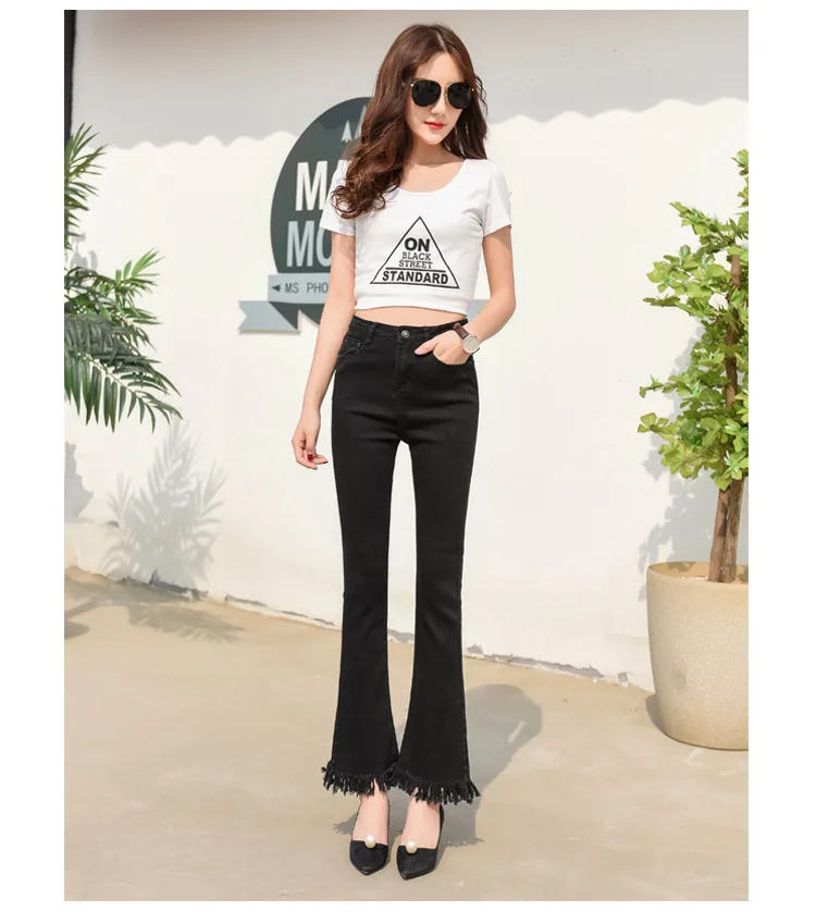 2018 spring and autumn new flare pants jeans high waisted trousers Tassel leg opening |